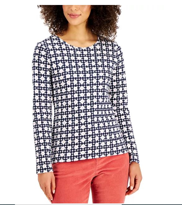 Charter Club Women's Printed Pima Cotton Top White Size Large