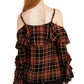 INC International Concepts Women's Ruffled Cold-Shoulder Plaid Top Black Size Medium