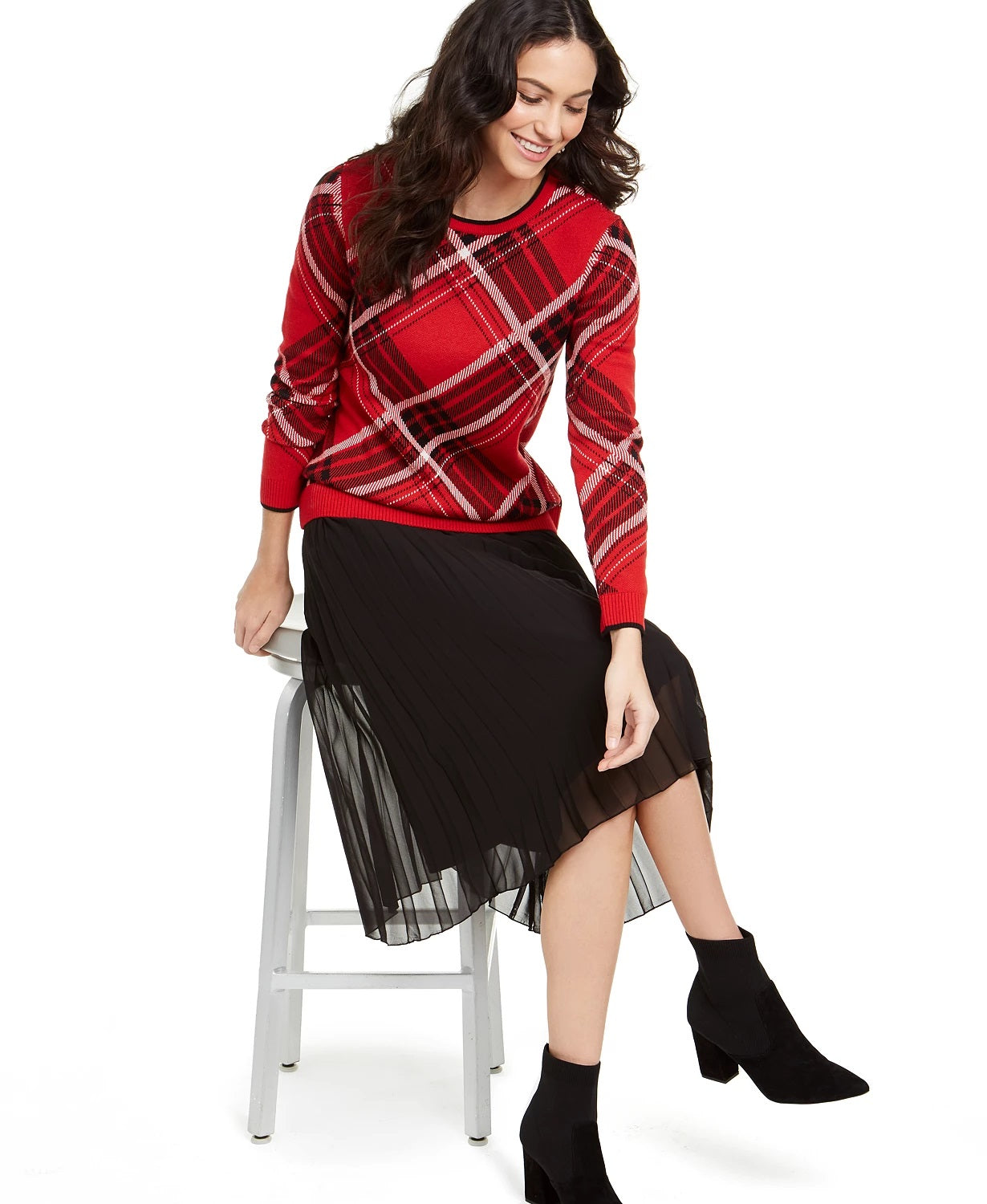 Charter Club Women's Plaid Crewneck Family Sweater Red Size X-Small