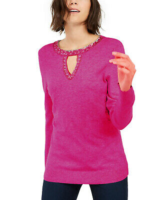 INC International Concepts Women's Embellished Keyhole Sweater Pink Size X-Small