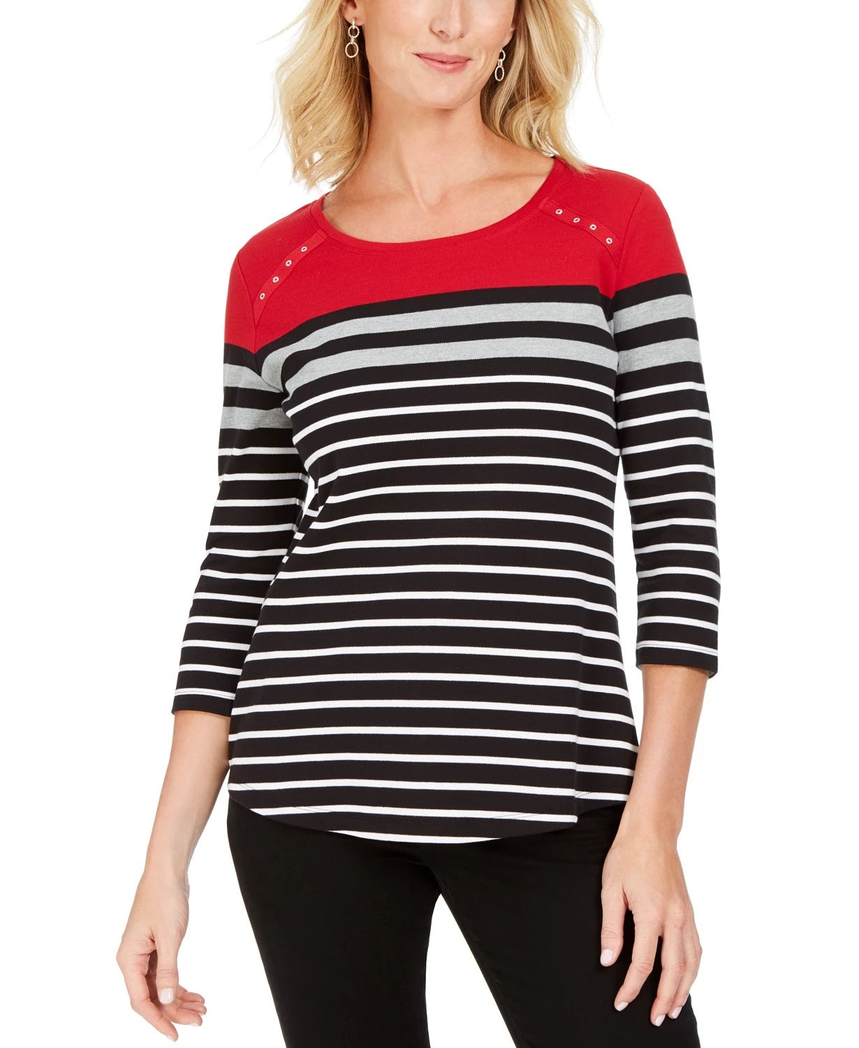 Karen Scott Women's Sport Colorblocked Striped Grommet Top Bright Red Size Small