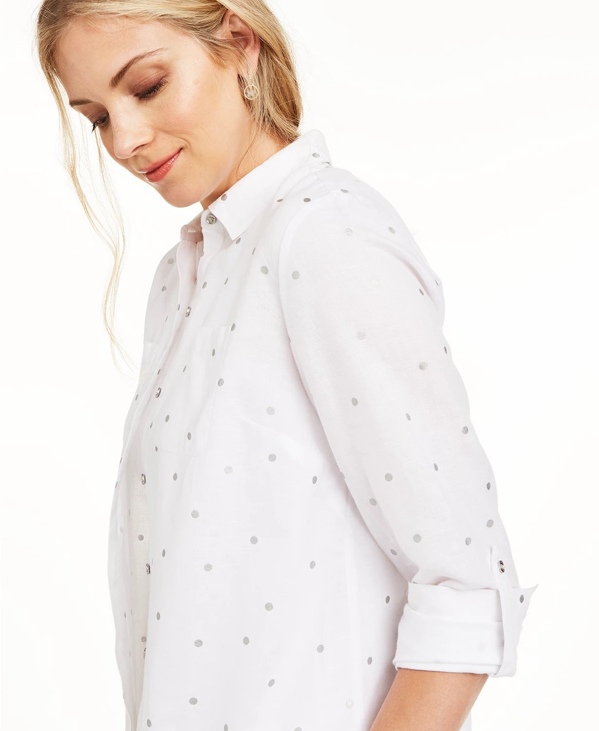 Charter Club Women's Foil-Dot Linen Top White Size Small