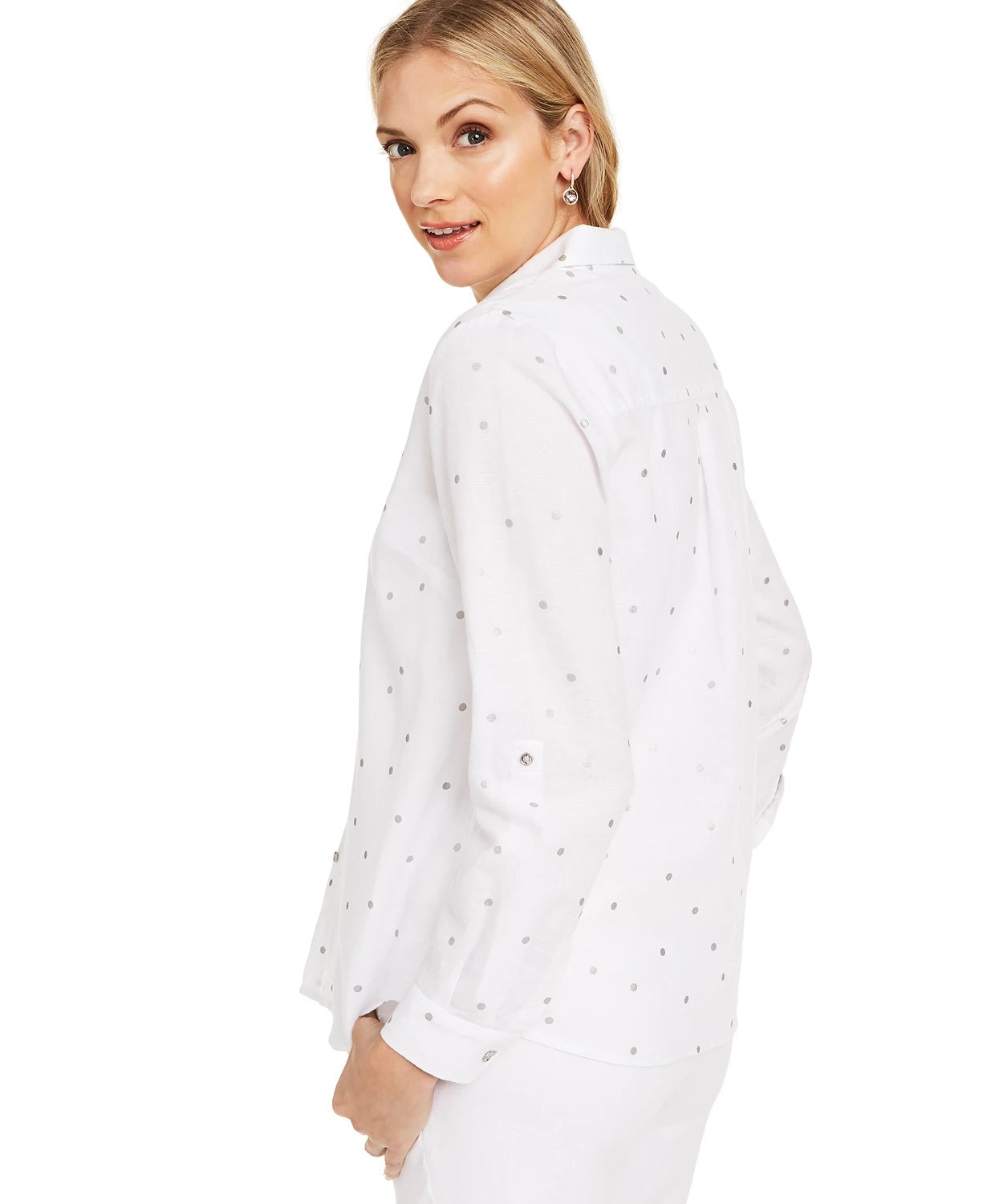 Charter Club Women's Foil-Dot Linen Top White Size Small