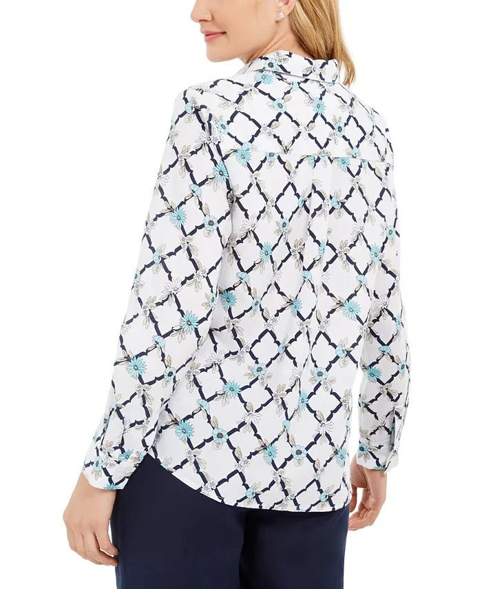 Charter Club Women's Printed Linen-Blend Shirt White Size X-Large