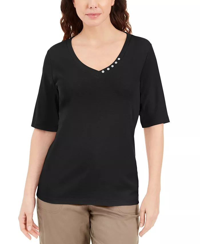 Karen Scott Women's Button-Detail V-Neck Top Purple Size Large