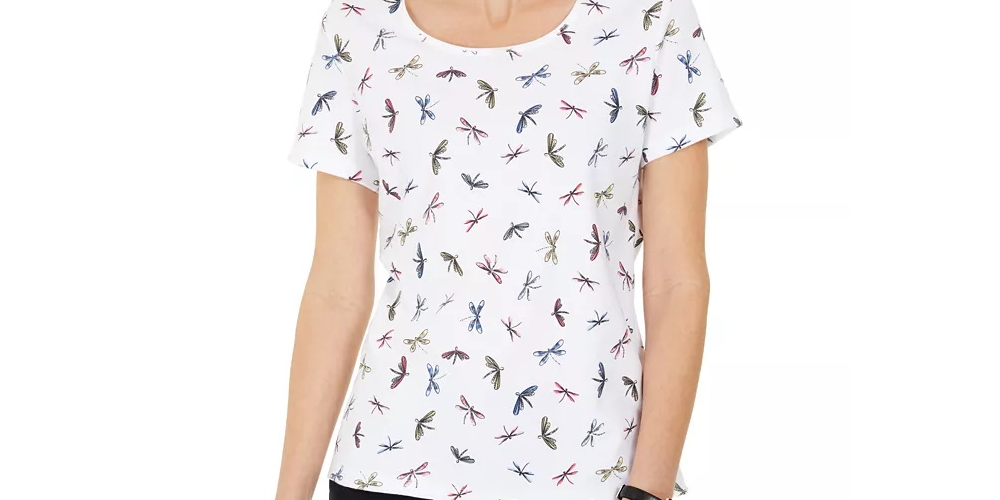 Karen Scott Women's Dragonfly Print Top White Size Medium