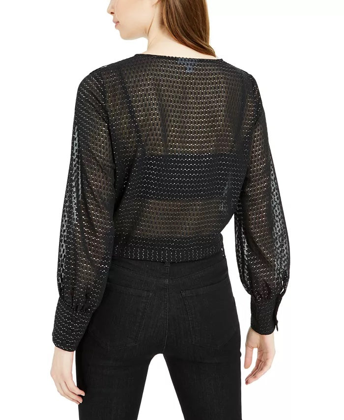 Bar III Women's Ruffled Metallic-Dot Blouson-Sleeve Top Black Size Medium