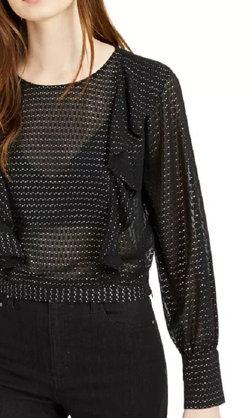 Bar III Women's Ruffled Metallic-Dot Blouson-Sleeve Top Black Size Medium