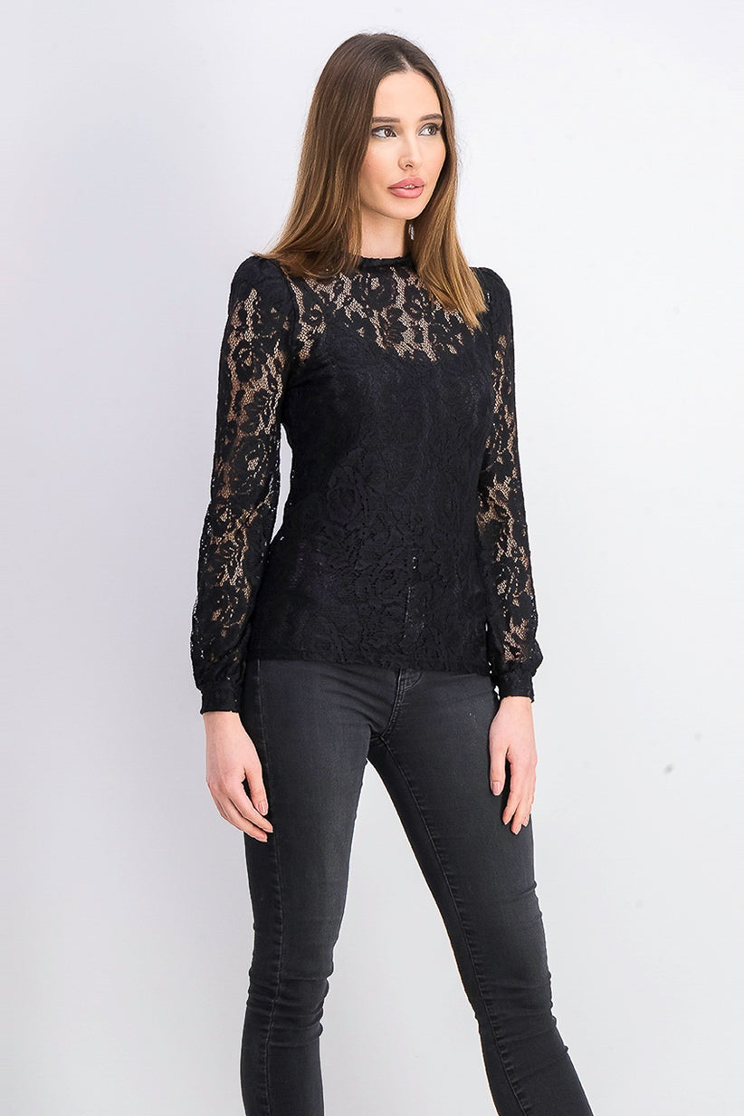INC International Concepts Women's Petite Lace Mockneck Top Black Size Petite