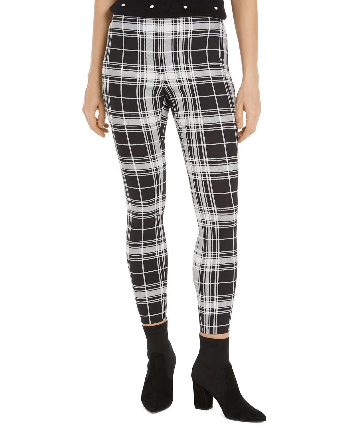 Maison Jules Women's Plaid Pull-On Ponte-Knit Pants Black Size Medium