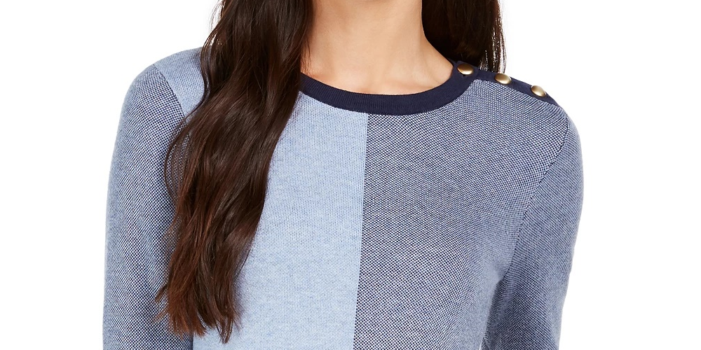 Charter Club Women's Colorblocked Button-Shoulder Sweater Blue Size Extra Large