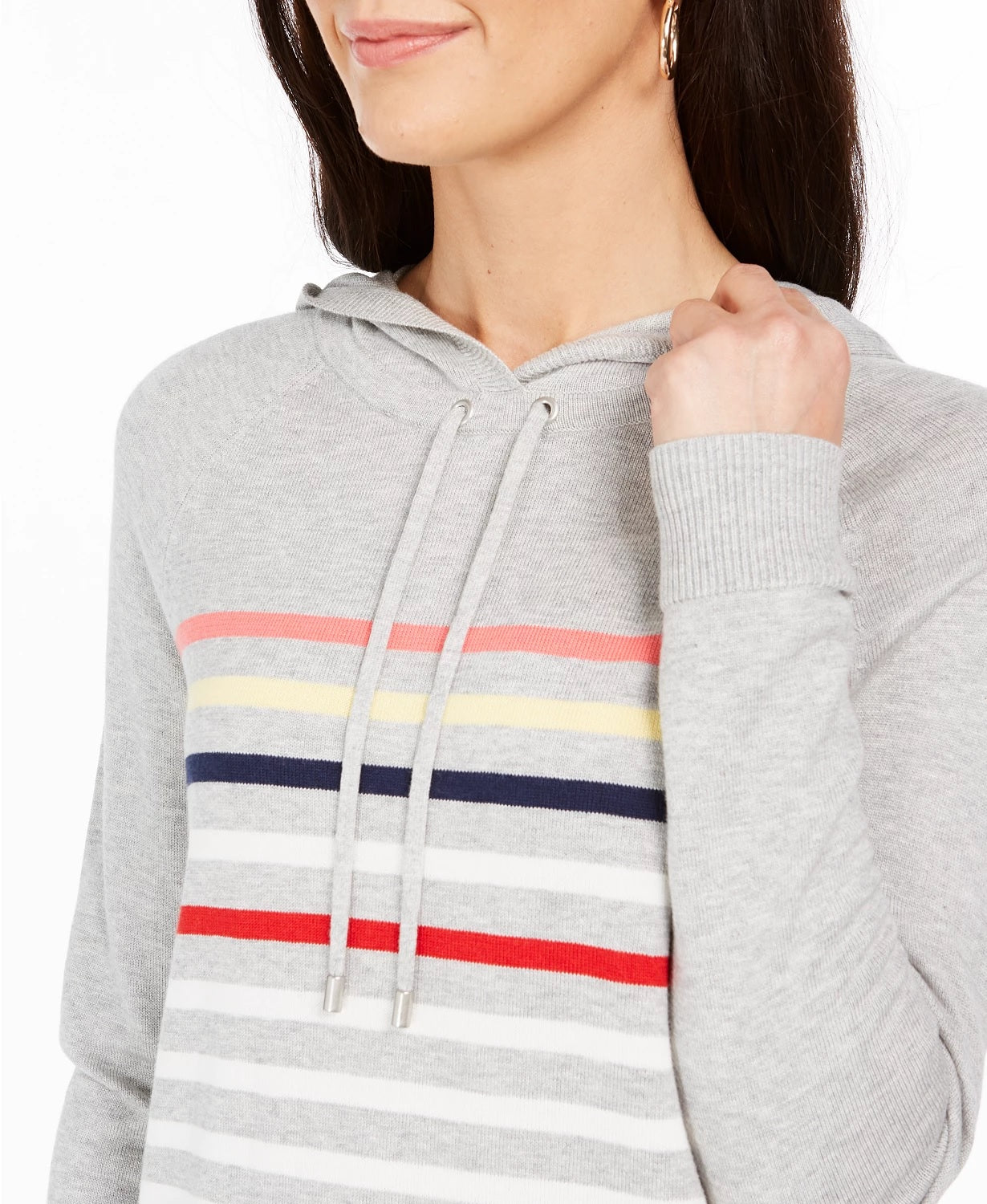 Charter Club Women's Striped Hooded Sweater Grey Size XX-Large