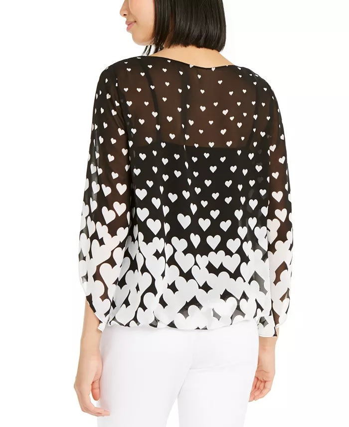 Alfani Women's Heart-Print Angel-Sleeve Top Black Size Small