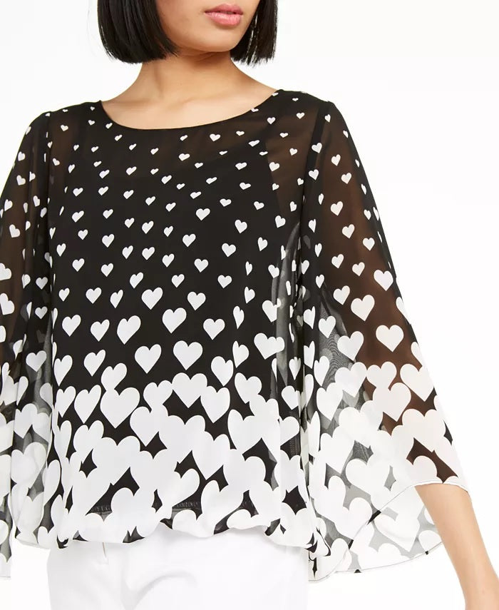 Alfani Women's Heart-Print Angel-Sleeve Top Black Size Small
