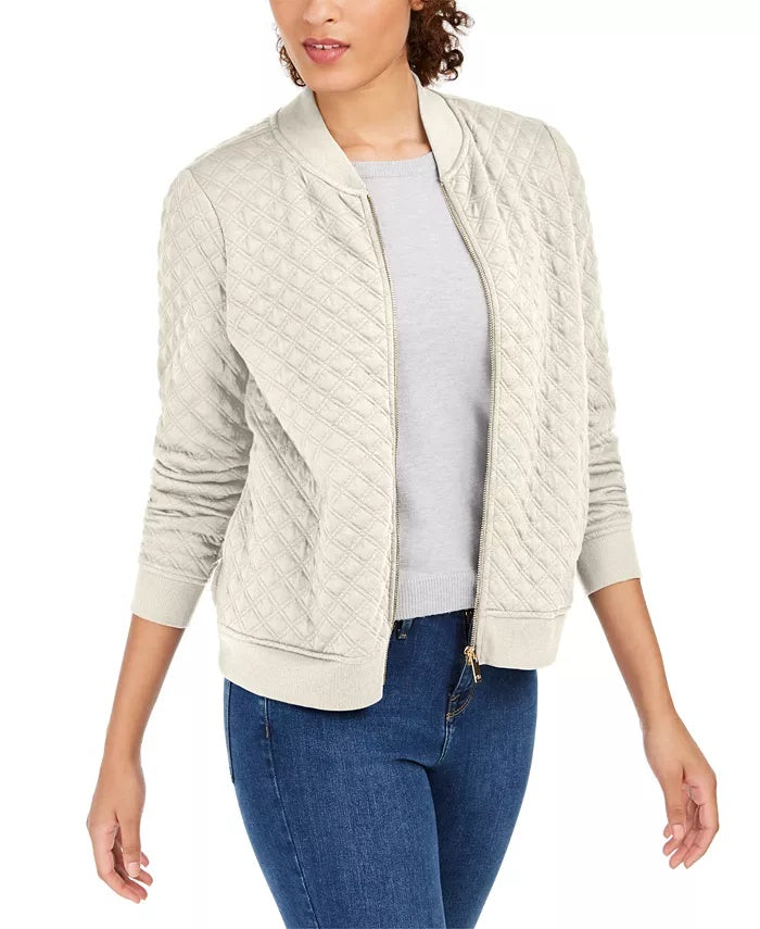 Charter Club Women's Textured Knit Bomber Jacket White Size X-Small