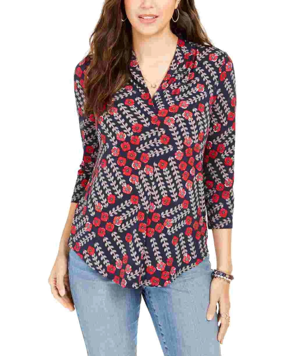 Charter Club Women's Printed V Neck Top Intrepid Blue Size Medium