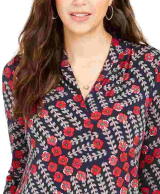 Charter Club Women's Printed V Neck Top Intrepid Blue Size Medium