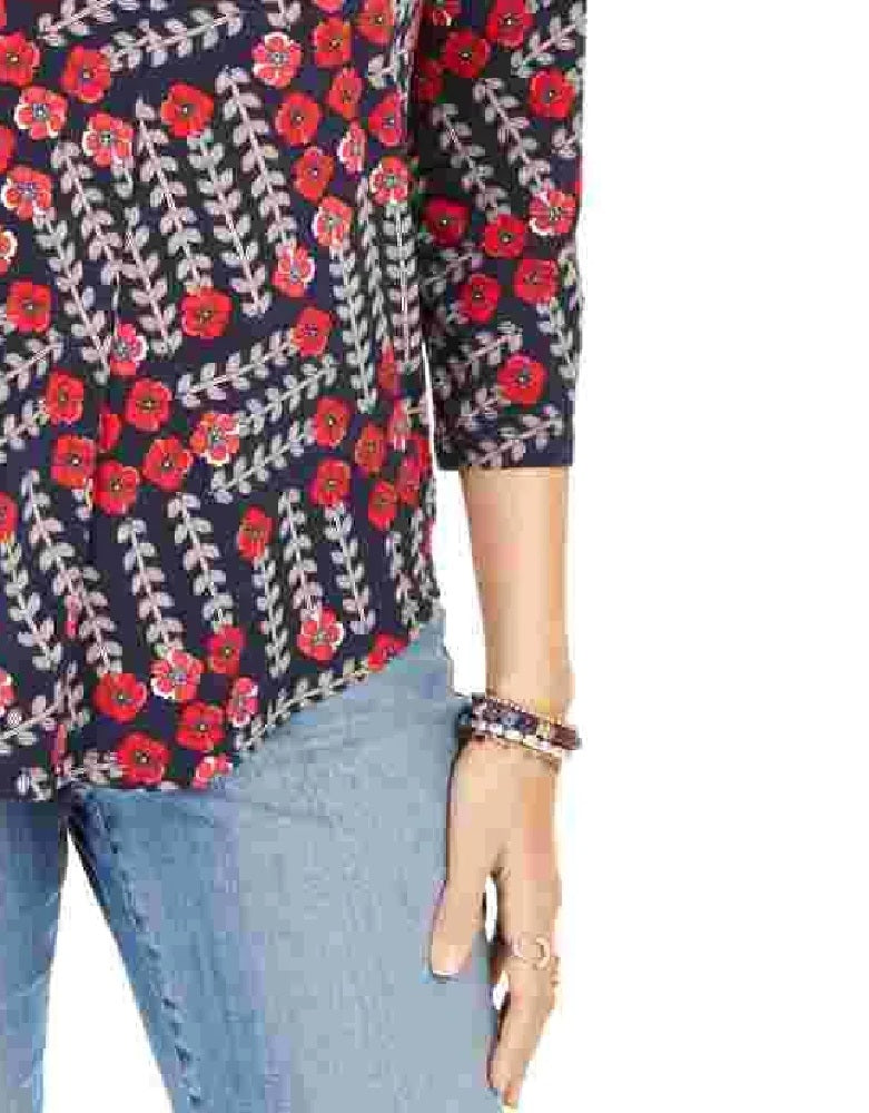 Charter Club Women's Printed V Neck Top Intrepid Blue Size Medium