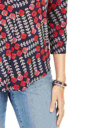 Charter Club Women's Printed V Neck Top Intrepid Blue Size Medium