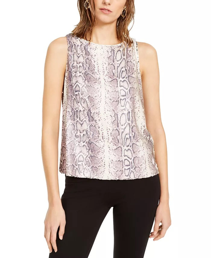 INC International Concepts Women's Sequined Snake Embossed Tank Top Pink Size X-Large