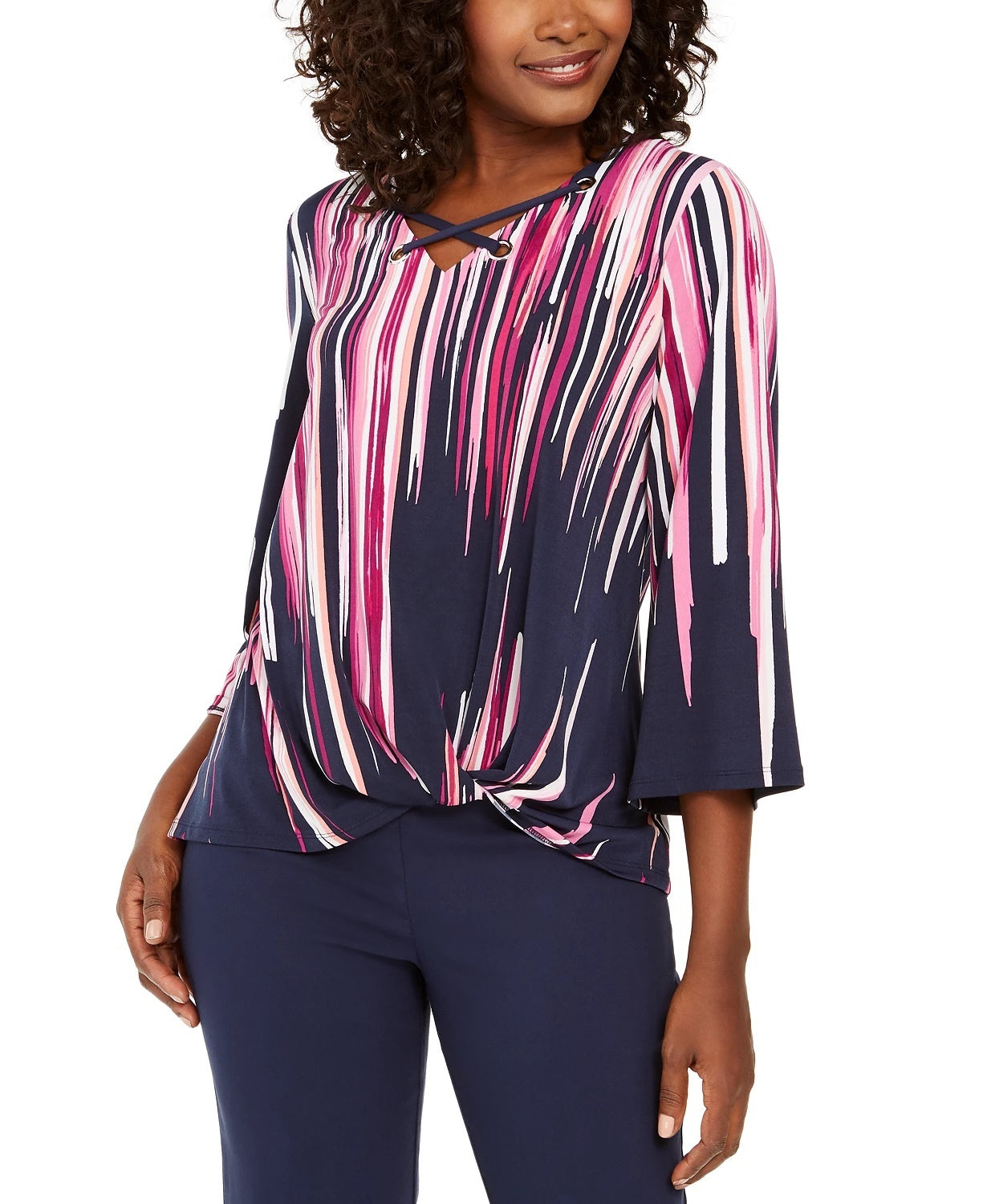 JM Women's Collection Printed Grommet-Trim Twist-Front Top Navy Size Small