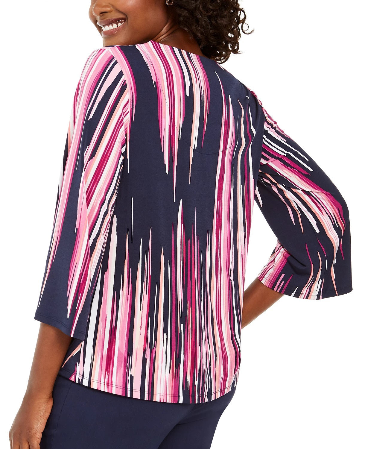 JM Women's Collection Printed Grommet-Trim Twist-Front Top Navy Size Small