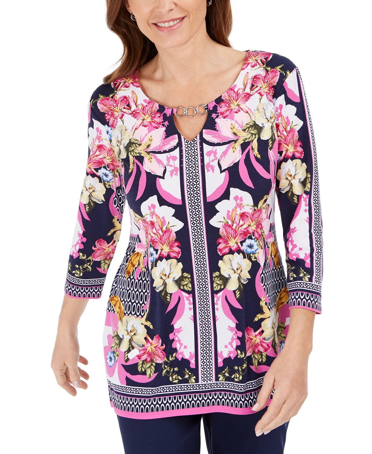 JM Women's Collection Embellished Keyhole Top Navy Size Small