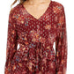 Style & Co Women's Printed Drawstring-Waist Top Dark Red Size Medium