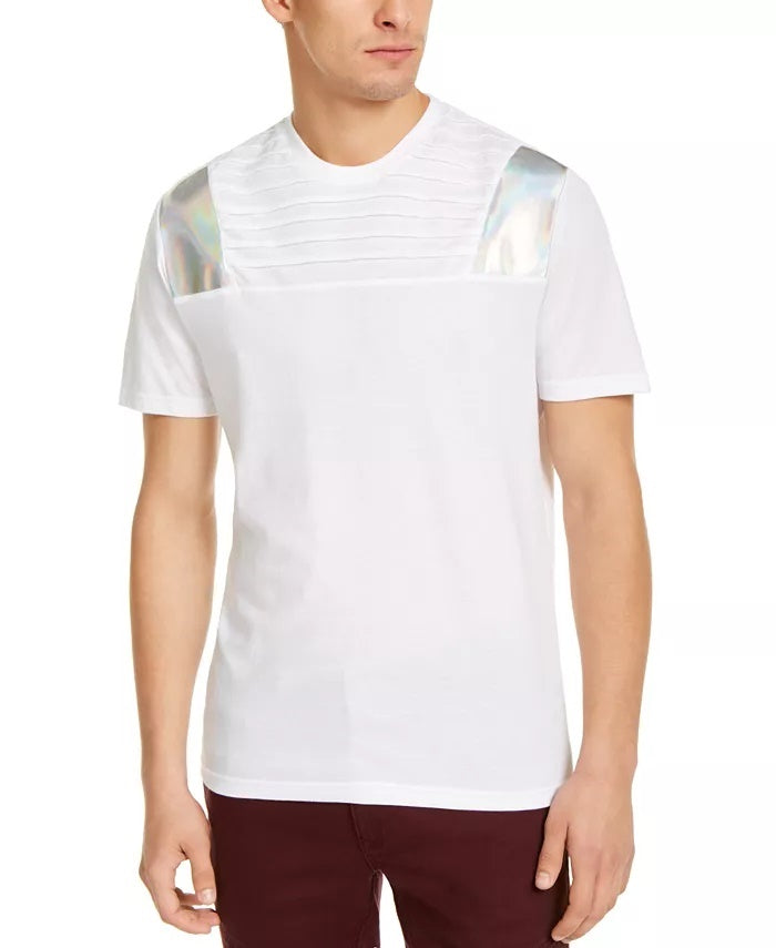 INC International Concepts Men's Pintucked Moto T-Shirt With Metallic Faux Leather Piecing White Size 3X