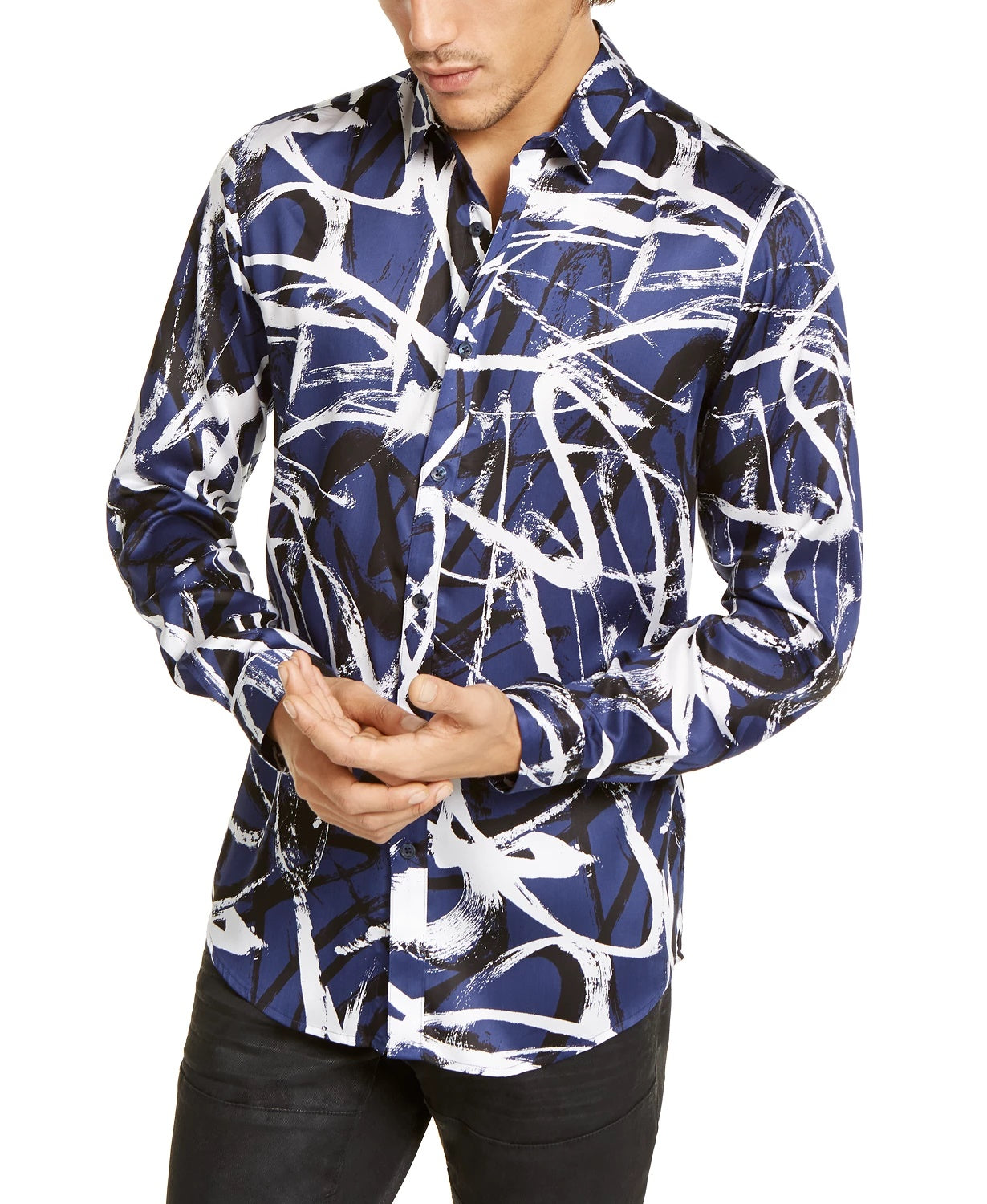 INC International Concepts Men's Abstract Scribble-Print Shirt Navy Size Small
