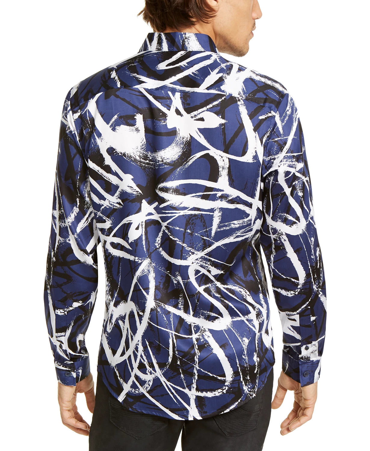 INC International Concepts Men's Abstract Scribble-Print Shirt Navy Size Small
