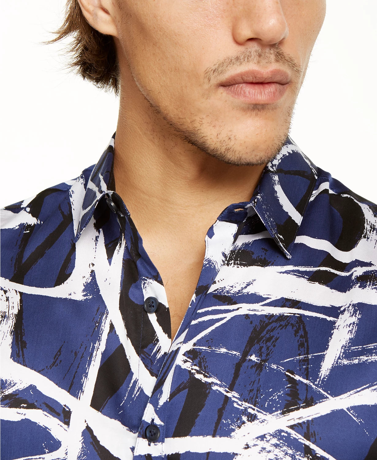 INC International Concepts Men's Abstract Scribble-Print Shirt Navy Size Small