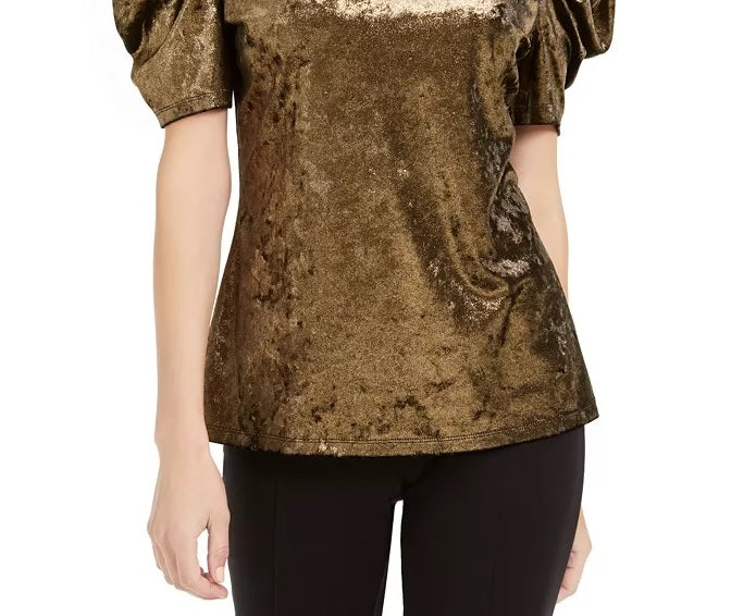 INC International Concepts Women's Velvet Puff-Sleeve Top Gold Size Medium