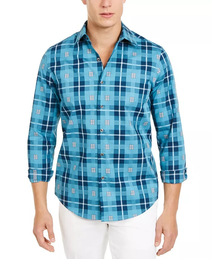Tasso Elba Men's Stretch Box Plaid Shirt Navy Size X-Large