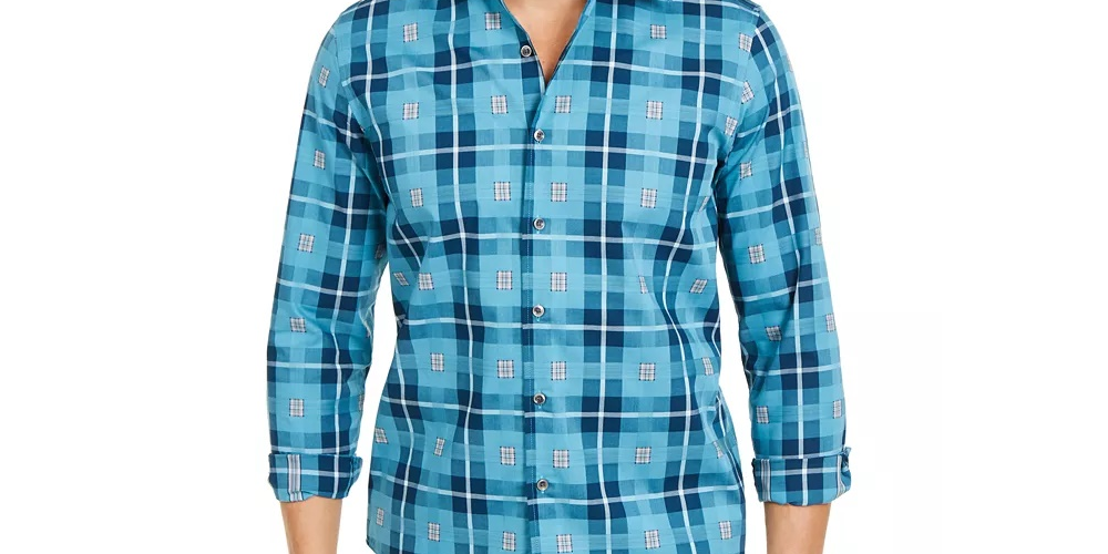 Tasso Elba Men's Stretch Box Plaid Shirt Navy Size X-Large