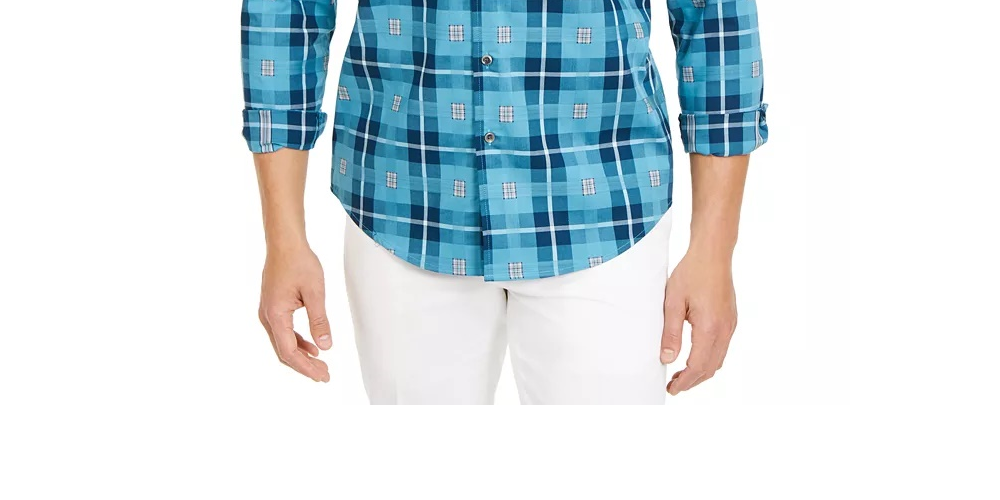 Tasso Elba Men's Stretch Box Plaid Shirt Navy Size X-Large