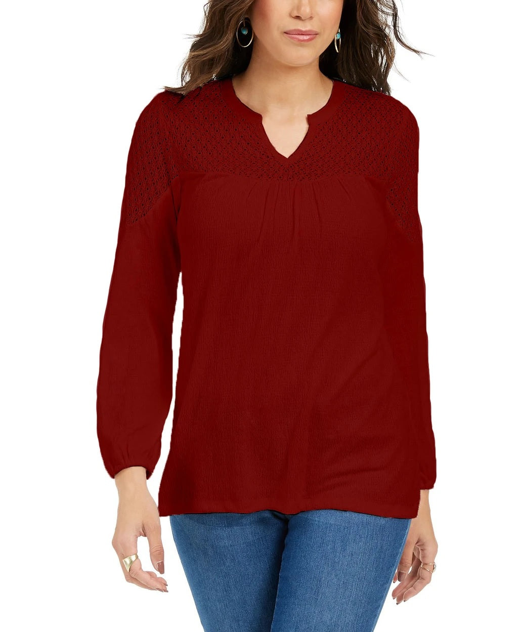 Style & Co Women's Crochet-Yoke Top Dark Red Size X-Large