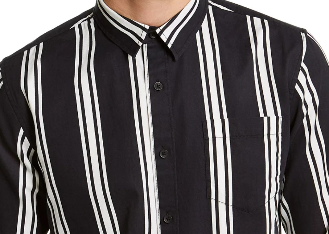 Sun + Stone Men's Vertical Striped Shirt Black Size Medium