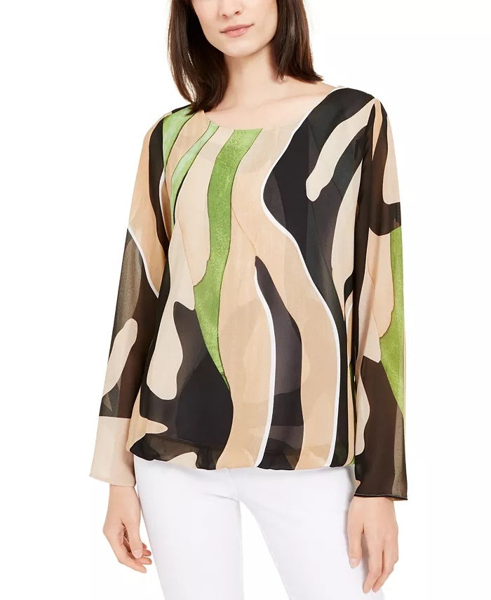 Alfani Women's Printed Angel Sleeve Top Beige Size Petite Medium