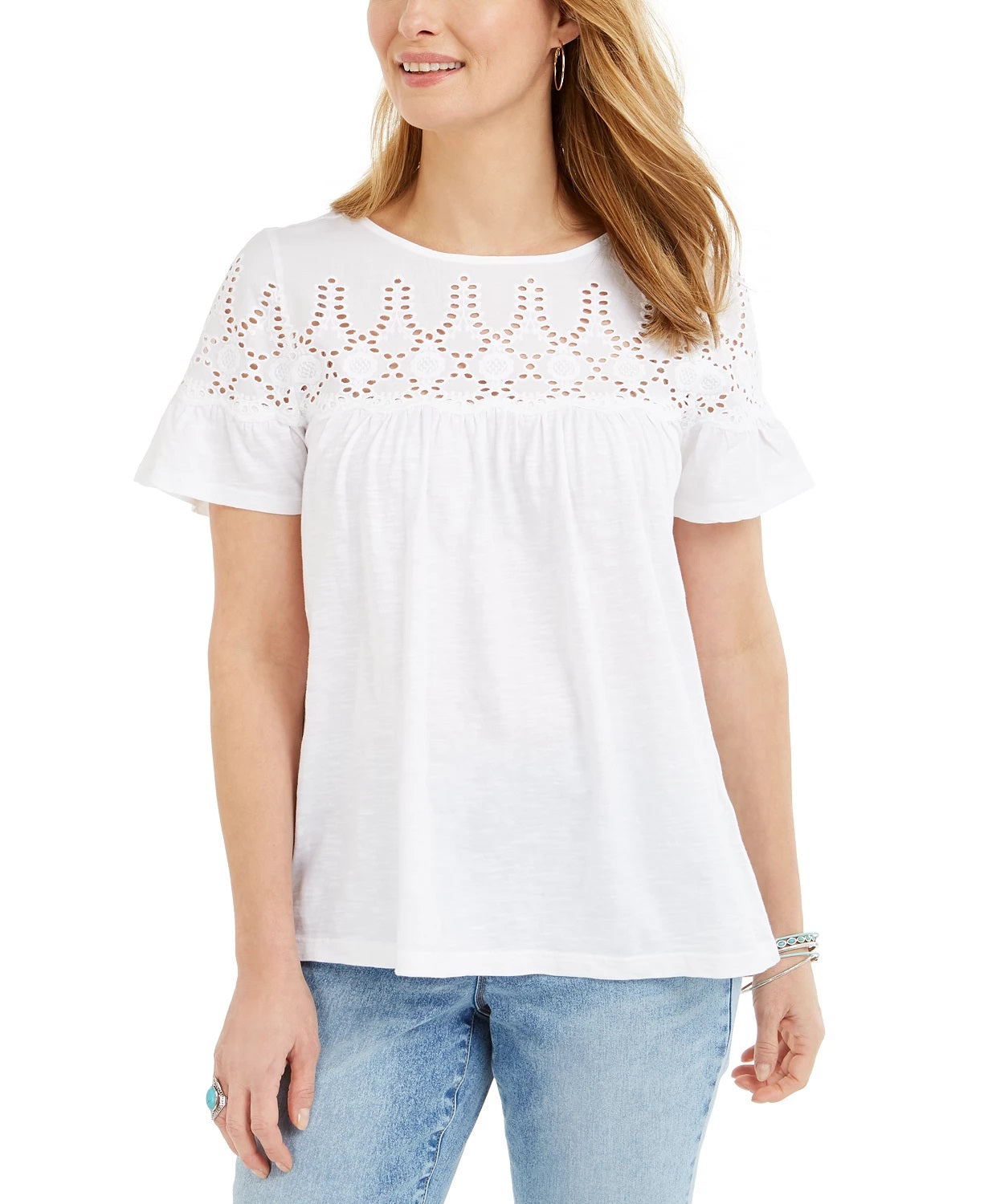 Style & Co Women's Cotton Eyelet Yoke Top White Size Large