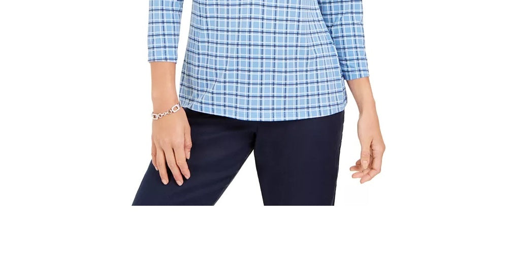 Charter Club Women's 3/4 Sleeve Printed Polo Top Blue Size X-Large