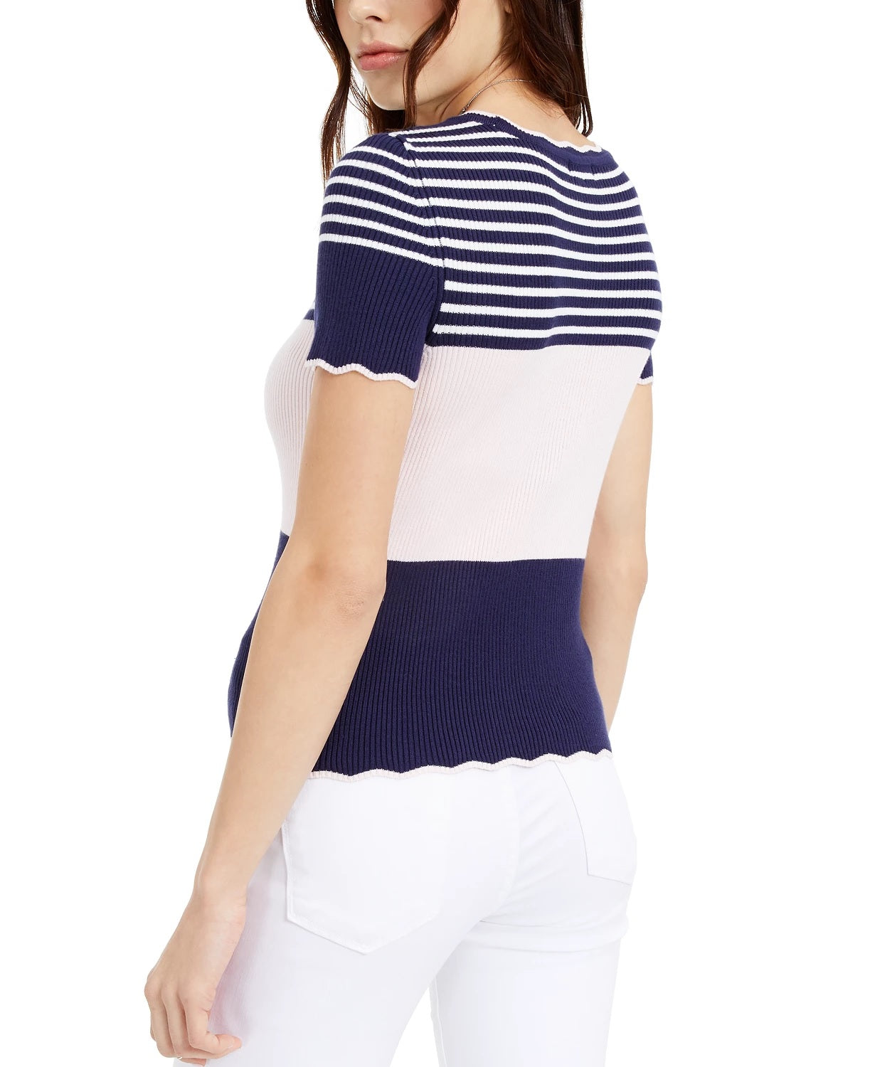 Maison Jules Women's London Printed Scalloped Top Navy Size Medium