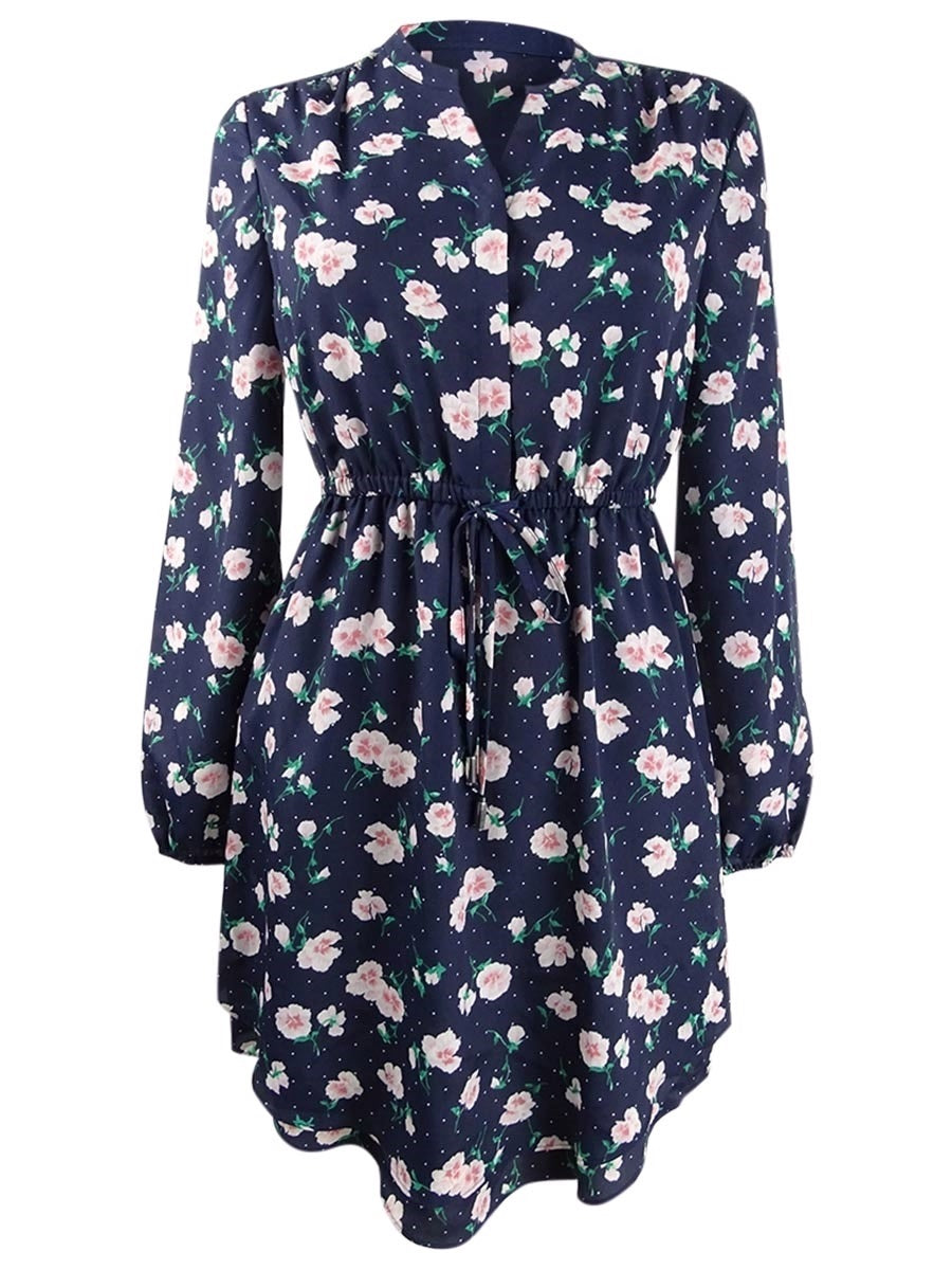 Maison Jules Women's Printed Double-Hem Split-Neck Dress Navy Size Large