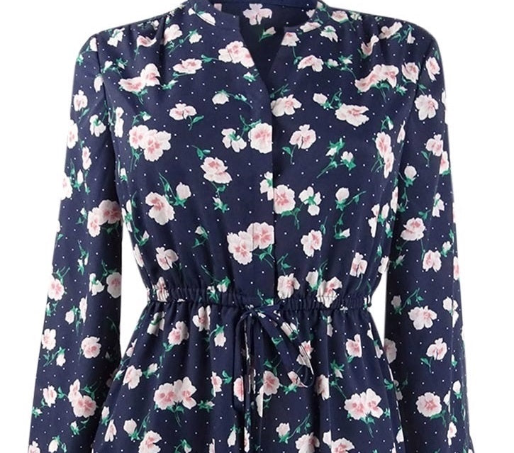 Maison Jules Women's Printed Double-Hem Split-Neck Dress Navy Size Large