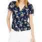 Maison Jules Women's Floral Print Split Sleeve Top Navy Size Small