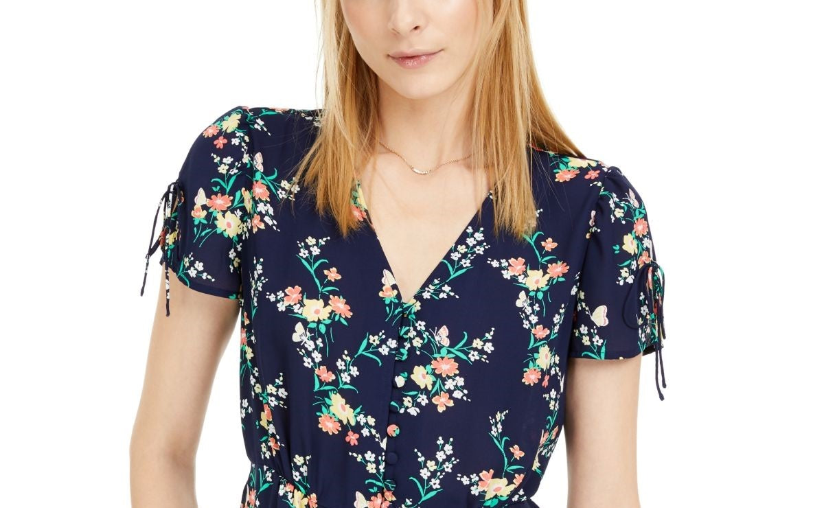 Maison Jules Women's Floral Print Split Sleeve Top Navy Size Small