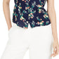 Maison Jules Women's Floral Print Split Sleeve Top Navy Size Small