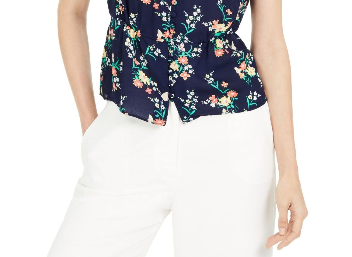 Maison Jules Women's Floral Print Split Sleeve Top Navy Size Small