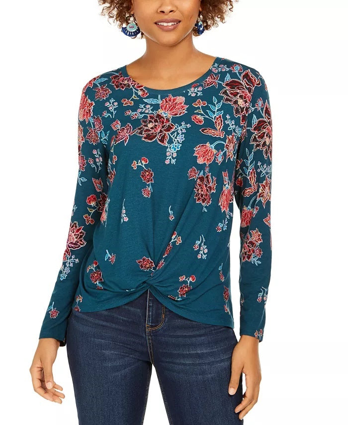 Style & Co Women's Floral Print Twist Hem Top Green Size XX-Large