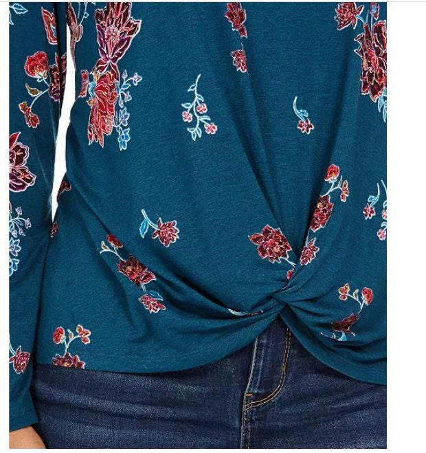 Style & Co Women's Floral Print Twist Hem Top Green Size XX-Large